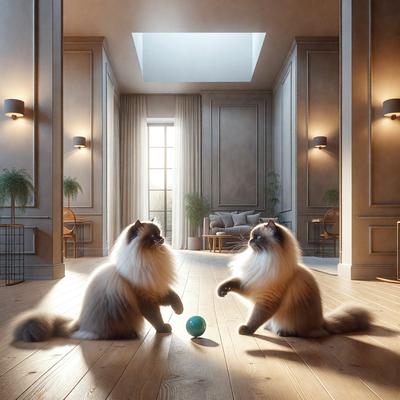 The primary subject of the image is two cats sitting on a wooden floor. They are playing with a blue ball, which is placed between them. The setting is a room with a window, and the visual style appears to be a digital art or illustration. The colors and mood of the image are warm and inviting, with the wooden floor and the cats' playful interaction creating a cozy atmosphere.